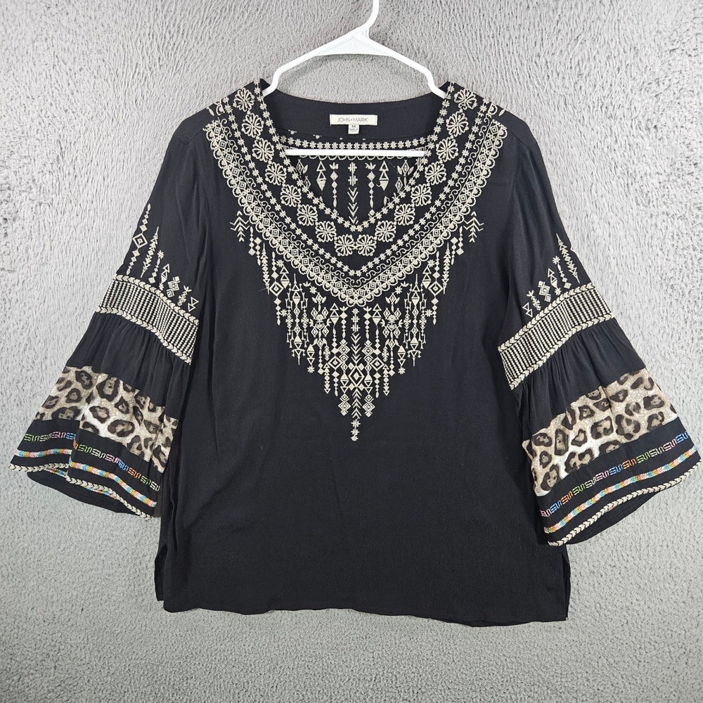 John Mark Womens Black Embroidered‎ Leopard Print Bell Sleeve Blouse Top Medium
